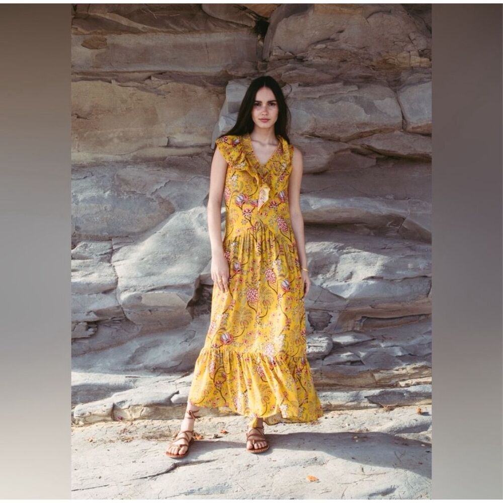 Sonmer Womens Floral Ruffled Sleeveless Maxi Dress Yellow Size Medium NWOT